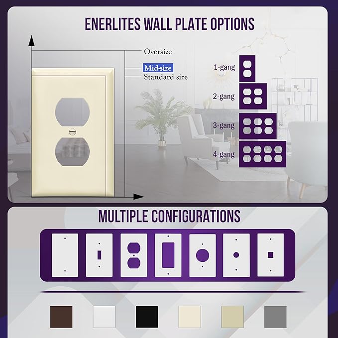 ENERLITES Duplex Receptacle Outlet Wall Plate, Midway Size 1-Gang 4.88" x 3.11", Unbreakable Polycarbonate Thermoplastic, 8821M-LA, Light Almond