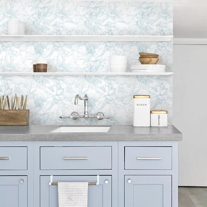 394"x17.3" Peel and Stick Wallpaper Blue Floral Contact Paper Boho White Modern Wallpaper Removable Self Adhesive Wall Paper for Bedroom Bathroom Cabinets Drawers Thicken Vinyl Roll