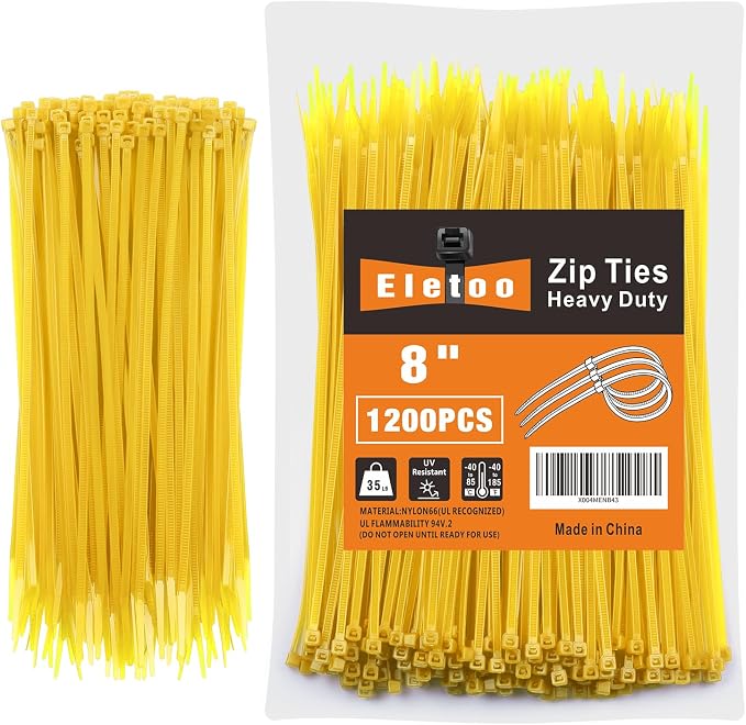 8 Inch Yellow Zip Ties 1200 Pack, 35 LBS Tensile Strength, Self-Locking Nylon UV Resistant Cable Ties for Indoor and Outdoor
