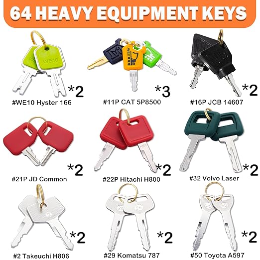 64 Heavy Equipment Keys, Master Equipment Key Set for Cat Caterpillar John Deere Komatsu Volvo Bobcat Kubota JCB Case New Holland Hitachi Hyster Yanmar Takeuchi Contractor Machinery