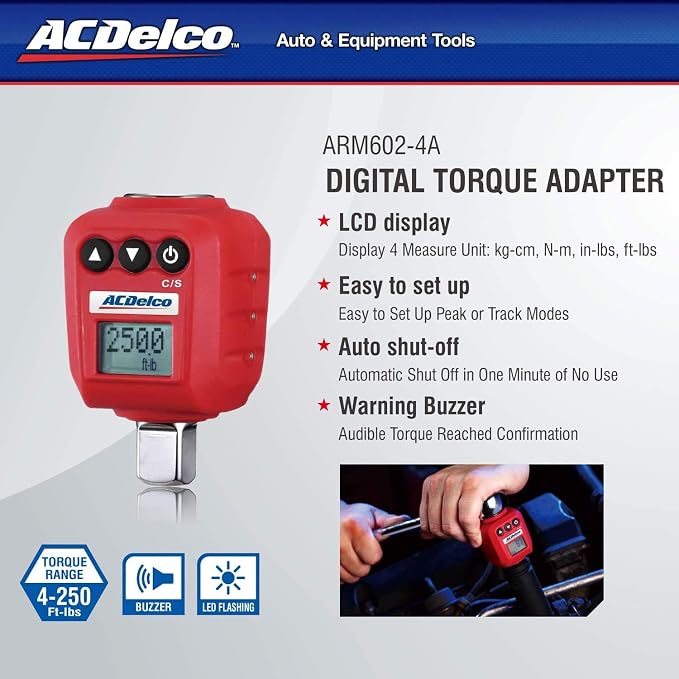 ACDelco 1/2” Digital Torque Adapter (25 to 250 ft-lbs) with Audible, LED Alert ARM602-4A