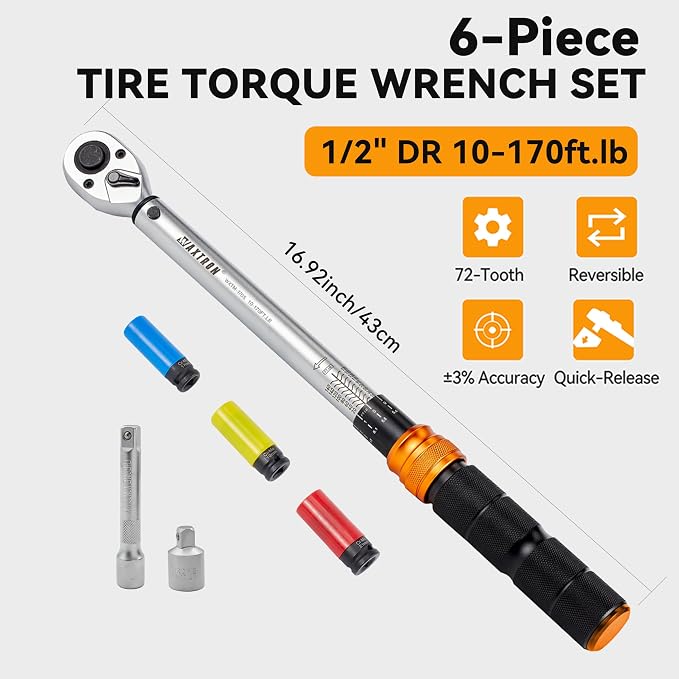 Auto Torque Lug Wrench Set, 1/2-Inch Drive, 10-170 ft-lb | Portable Tire Change Kit with Wheel Sockets, 6-Piece