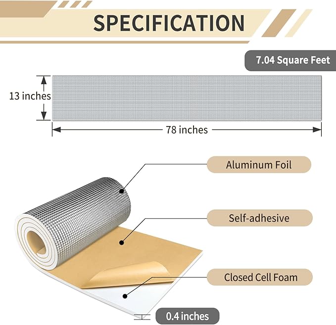TroyStudio Sound Proof PEF Closed Cell Foam with Aluminum Foil, Self-Adhesive 13" x 78" Heat Shield White Foam Sheet - Waterproof Noise Vibration Thermal Insulation Roll for Home, HVAC and Car