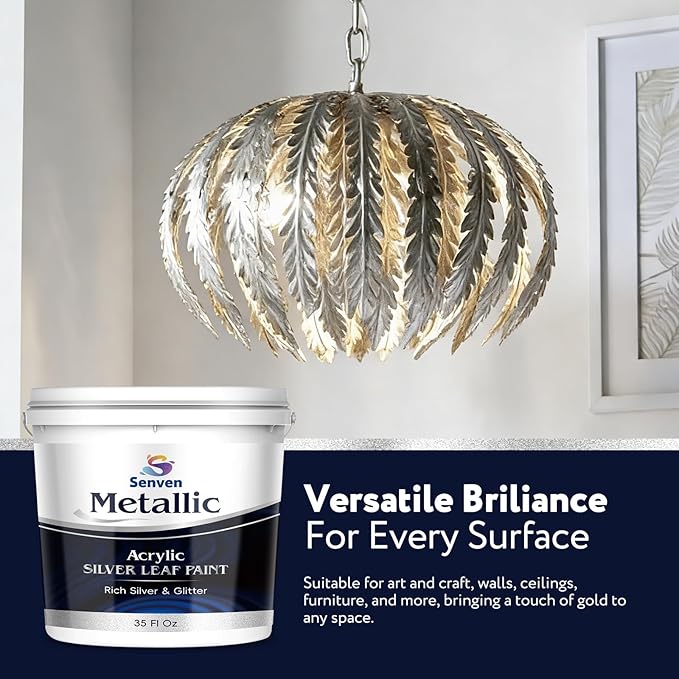 Silver Paint 35 Fl Oz Metallic Liquid Silver Leaf Paints Rich Silvers Paint for Metal, Wood, Canvas, Appliance, Furniture, Clay DIY Art Handcrafts Fast Dry Acrylic Metallic Finish Artwork Home Décor