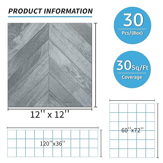 Art3d 30-Pack Herringbone Peel and Stick Vinyl Floor Tiles, 12" x 12" Self Adhesive Waterproof Wood Flooring Plank for Kitchen Bathroom Bedroom, Cover 30 Sq. Ft, Grey