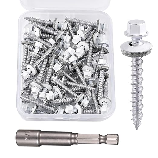 50 Pcs White #10 x 1-1/2" Metal Roofing Screws - Galvanized Hex Head Self-Tapping with EPDM Washers Sharp Point,for Corrugated Roofing, Wood Siding, Fences, Carports, Garages, Sheds