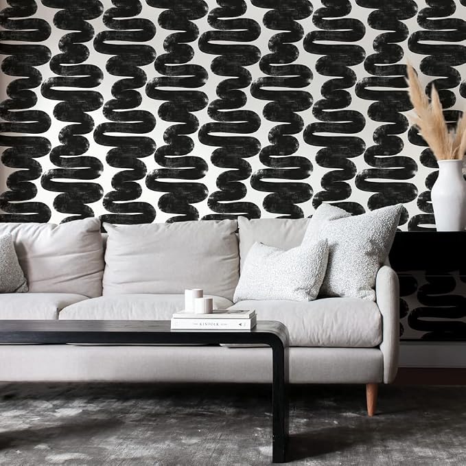 Tempaper x Bobby Berk White & Black Wiggle Room Removable Peel and Stick Wallpaper, 20.5 in X 33 ft, Made in The USA