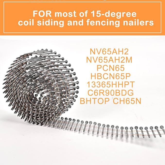 3600 Count Siding Nails, 15-Degree 1-1/2 Inch *.092 Wire Collated Coil Ring Shank Nails, Full Round Head Hot-Dipped Galvanized Siding Nailer