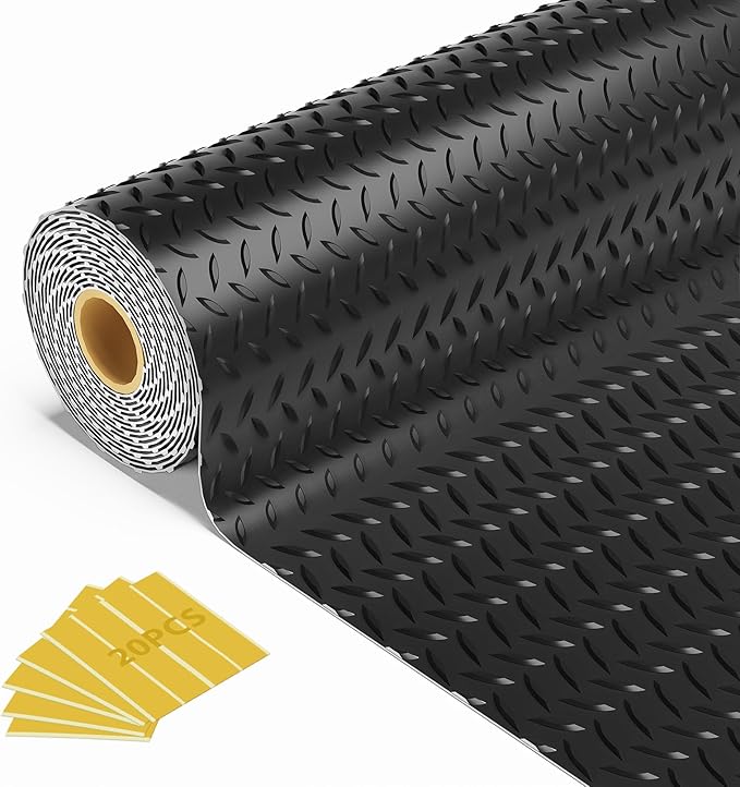 10x25 FT Black Garage Floor Mat, 2.8mm Thickened Flooring Roll for Under Car Diamond Plate PVC Rubber Mat with 20 Pcs Tapes, Non-Slip Floor Mat for Garage, Warehouse, Gyms, Trailer
