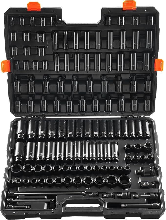 VEVOR Impact Socket Set 130 Piece 3/8" & 1/2" - SAE & Metric Drive Socket Set - 6 Point Cr-Mo Alloy Steel for Auto Repair - Easy-to-Read Size Markings - Includes Storage Case