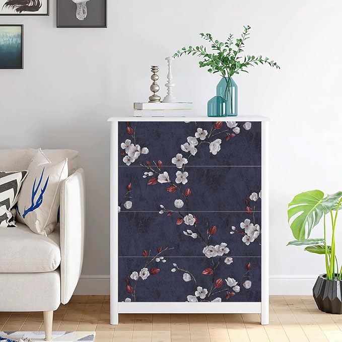 Floral Peel and Stick Wallpaper Flower Tree Contact Paper A Set of 17.5"x480" Self Adhesive Removable Modern Dark Blue Wall Paper Decorative Wall Covering Countertop Vinyl Film Roll