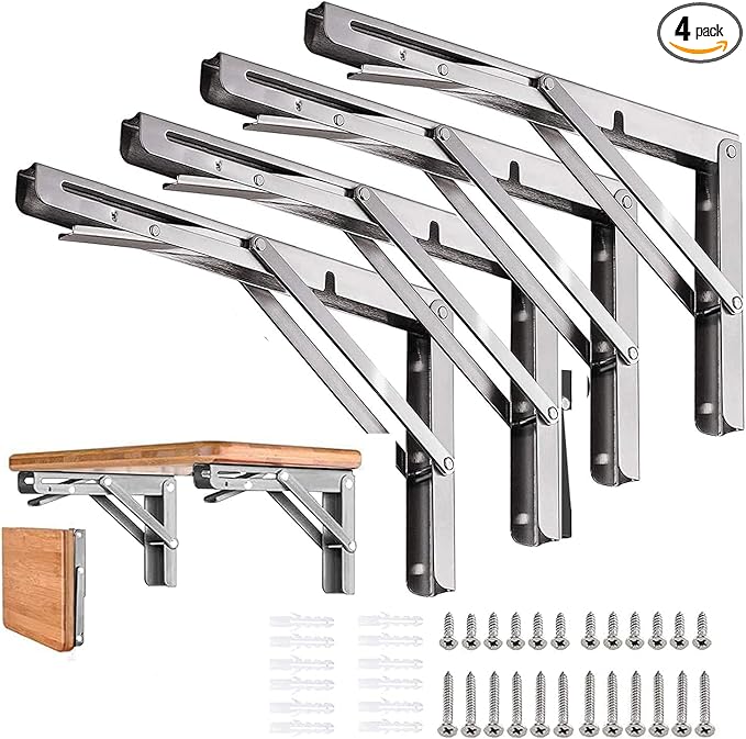 Folding Shelf Brackets 18 inch 4 Pcs Max. Load 440lb - Heavy Duty Stainless Steel DIY Wall Mounted Collapsible Shelf Bracket, Space Saving for Garage Workstation, Stuff Supports, Table, Workbench