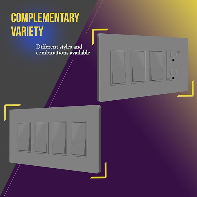 ENERLITES Screwless Decorator Wall Plates Child Safe Outlet Covers, Gloss Finish, Medium Size 4-Gang 4.88" H x 8.58” L, Unbreakable Polycarbonate Thermoplastic, SI8834M-GY, Gray