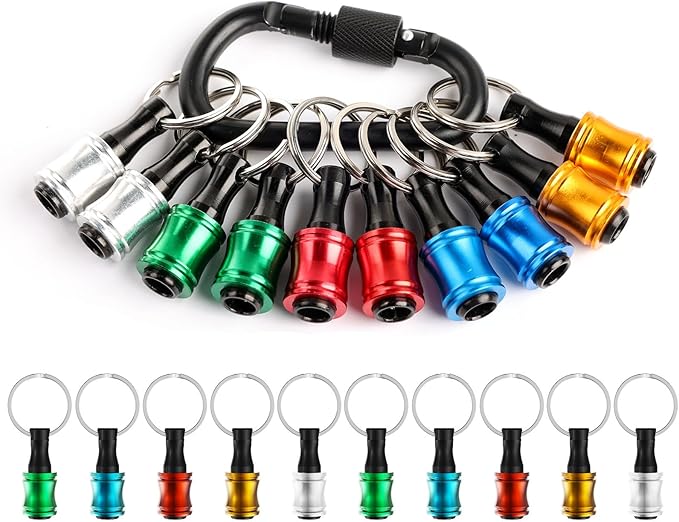 Katerk 10 pcs 1/4 inch Hex Shank Aluminum Alloy Screwdriver Bits Holder, Light-weight Quick-change Extension Bar Keychain Drill Screw Adapter Change Portable (With Black Carabiner)