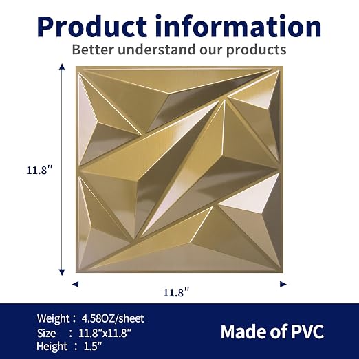 33 Pack 3D Wall Panel Diamond for Interior Wall Décor, PVC Textured Wall Panels, 12''x12'' Cover 32.Sq.Ft. Golden
