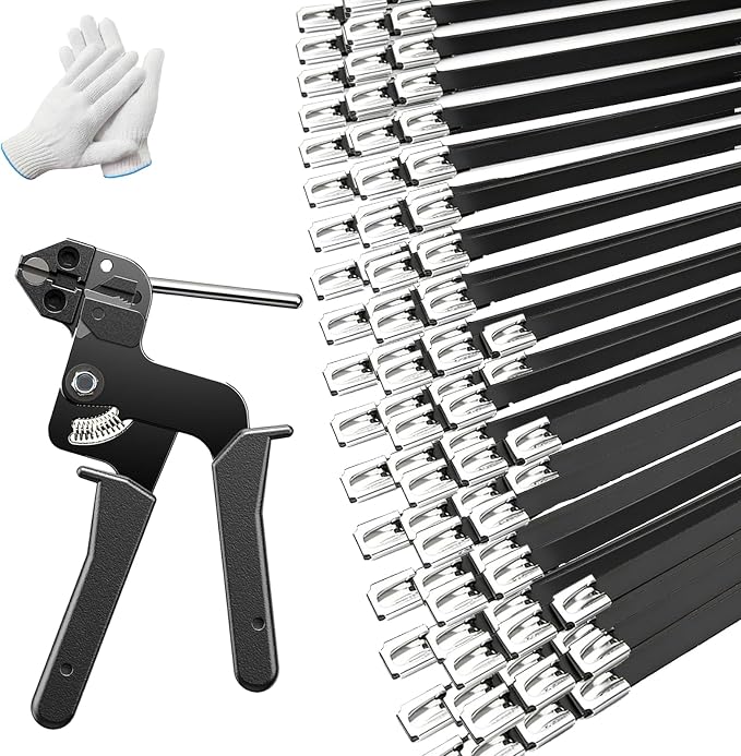 120PCS 11.8Inch 304‑Steel Cable‑Ties Kit with Tie‑Gun & Protective Gloves | High‑strength 304‑steel zip ties provide long‑lasting secure fastening for outdoor‑fence installations.
