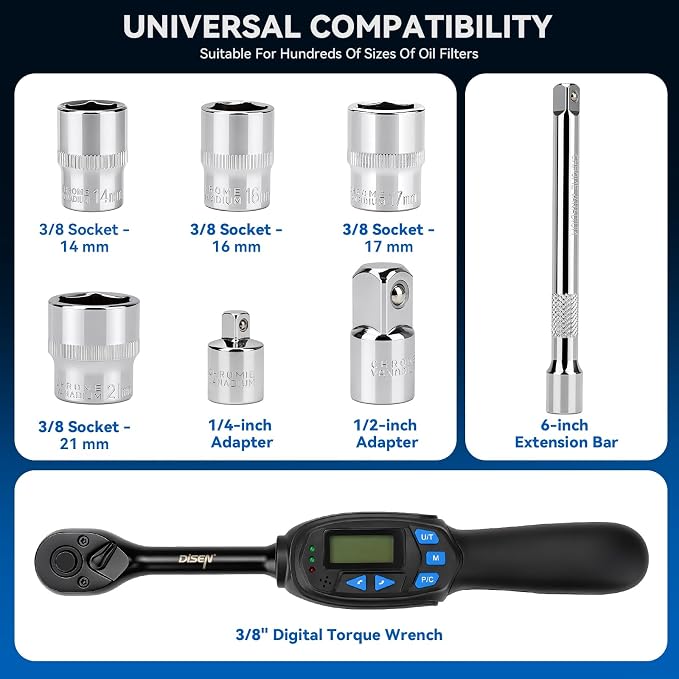 DISEN 8PCS 3/8" Digital Torque Wrench 6.8-135 N.m 5 Sockets Adapters Kit | 5-99.6 Ft.lb | ±2% accuracy | 72-tooth reversible ratchet | 2 modes & 5 units | LED/buzzer alert | Auto, motorcycle, bike