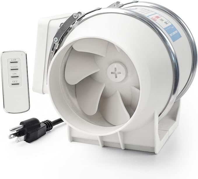 Voltset 4" Inch Inline Exhaust Fan with Remote Control, 280 CFM High Efficiency Air Flow for Bathroom, Kitchen, Grow Tent, Hydroponics, 3D Printer