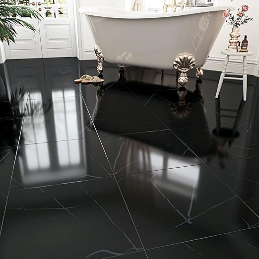 WESTICK 5 Pack Black Marble Vinyl Floor Tile Peel and Stick Flooring Luxury Bathroom Floor Tiles Peel and Stick Waterproof Kitchen Self Sticky Vinyl Flooring Tiles for Bedroom Basement 12" x 12"