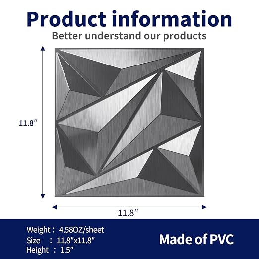 33 Pack 3D Wall Panel Diamond for Interior Wall Décor, PVC Textured Wall Panels, 12''x12'' Cover 32.Sq.Ft. Silver