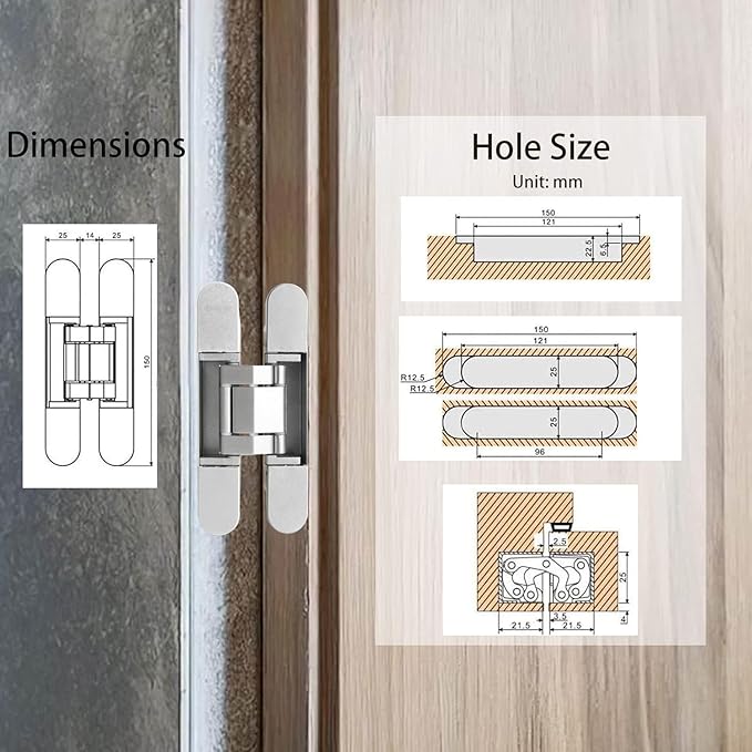 4-Pack 6 inch Hidden Door Hinges Heavy Duty Silver, Invisible Concealed Hinges Zinc Alloy 6''x 2.5''x1Inch, 180 Degree Swing Hinge, 3 Way Adjustable Hinge with Pins and Screws