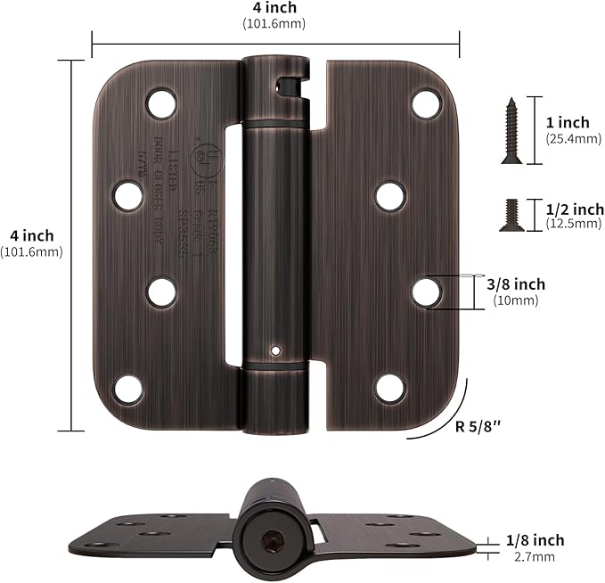 goldenwarm 4pack Door Hinges Oil Rubbed Bronze 4 Inch Self Closing Door Hinges Spring Door Hinge with 5/8" Radius Corners - Adjustable Door Closing, Residential & Heavy-Duty Hardware