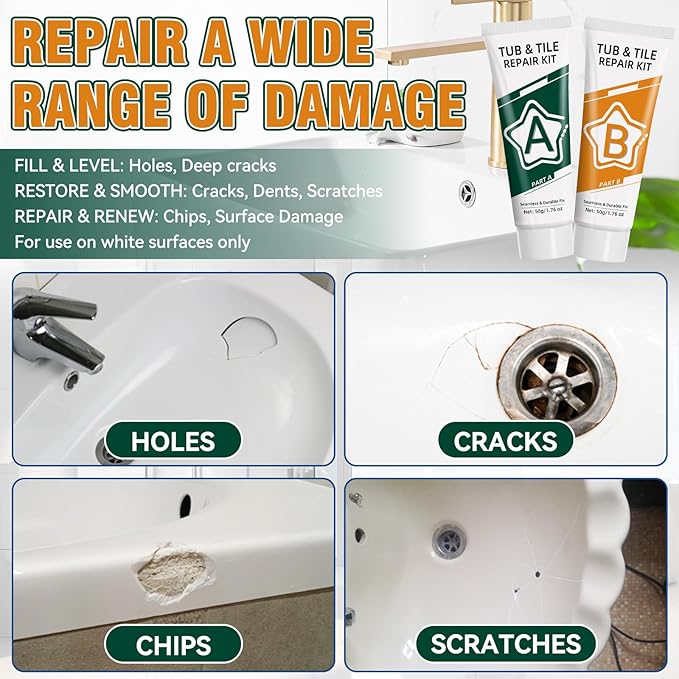 Porcelain Repair Kit White, Waterproof Bathtub & Tile Repair Kit for Tub, Enamel, Fiberglass, Acrylic, Porcelain, Ceramic, Marble, Granite, Resin, Quartz, Chips, Dents, Cracks, Patch, Hole (50g+50g)