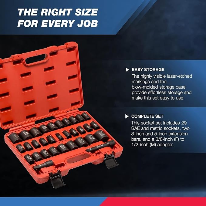 Neiko 02447A 1/2" Drive Master Impact Socket Set, 32 Piece Shallow Socket Assortment | Standard SAE (3/8-Inch to 1-1/4-Inch) and Metric (10-32 mm) Sizes | Cr-V Steel