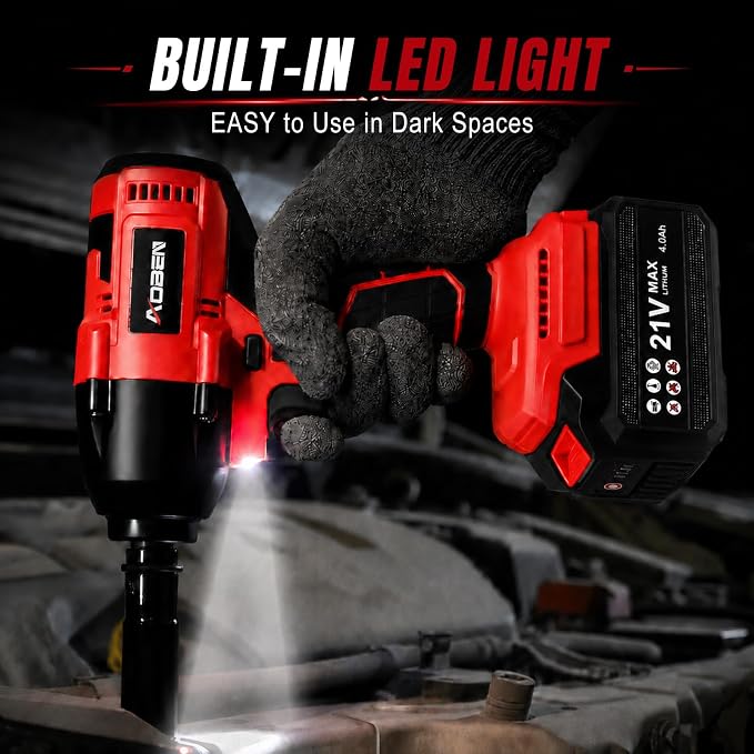 AOBEN Cordless Impact Wrench 1/2 Inch, Power Impact Gun Kit, Max 600N.M/450Ft-lbs High Torque Electric Impact Driver for Car RV Tire, 2 Packs x 4.0Ah Battery, Charger, 6 Sockets & Storage Tool Case