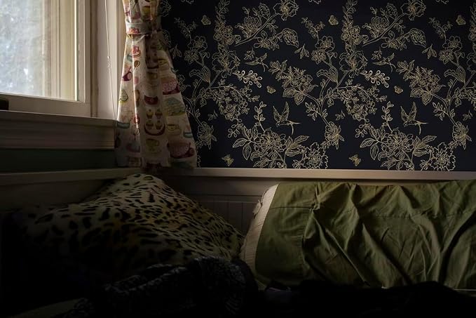 Froluya Black and Gold Wallpaper Peel and Stick Wallpaper 17.7"x590.5" Vintage Floral Boho Peel and Stick Wall Paper Dark Removable Self Adhesive Contact Paper for Bedroom Cabinets Shelf Liner Vinyl