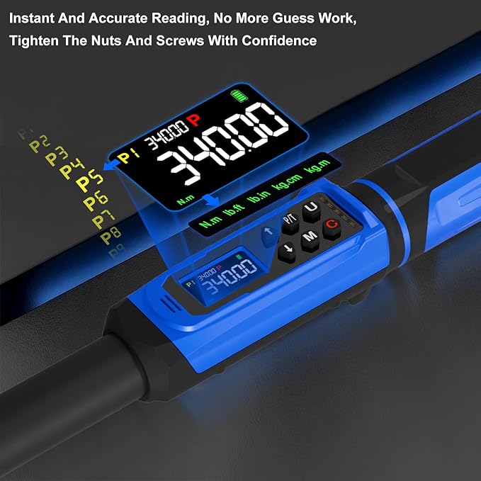 Digital Torque Wrench 1/2" Drive 3.8-250.8FT.LB (5-340Nm),Electronic Torque Wrench ±1% High Accuracy,5 Units LCD with Buzzer & LED Alerts For Car Bike Moto Truck