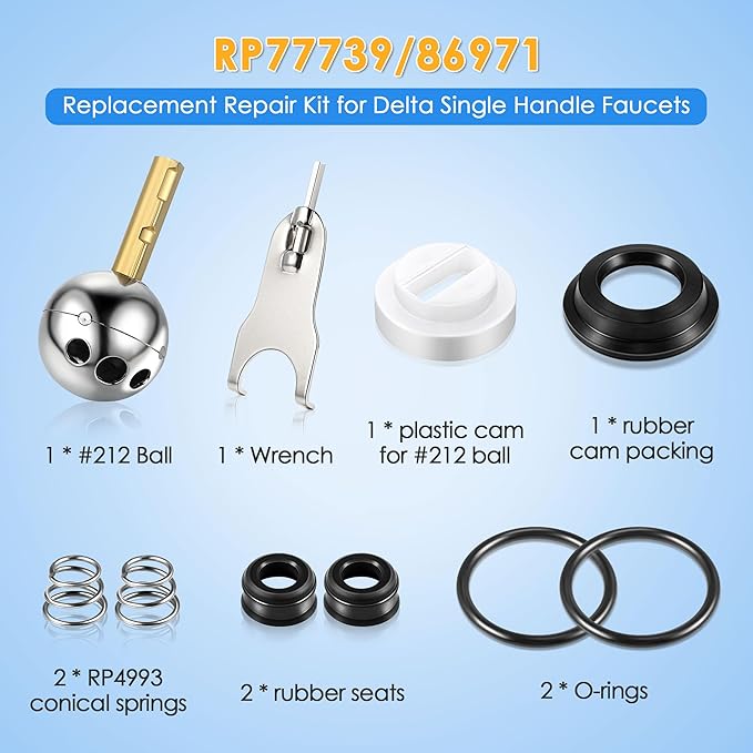 Dreyoo Single Handle Faucet Repair Kit with RP212 Stainless Steel Ball Valves and Knob Handles, Compatible with Delta/Peerless Single Handle Faucets, Replacement for RP77739 and 86971(1 Pack)