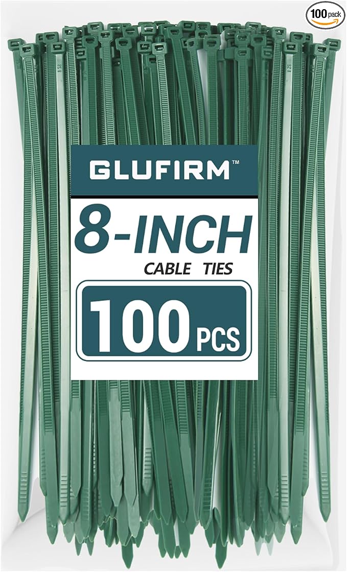 Green Zip Ties 8 inch (100 Pack), 45lb Tensile Strength, Cable Ties for Indoor and Outdoor Use, UV and Cold Resistant Wire Ties for Home, Garden, Fencing, Glufirm