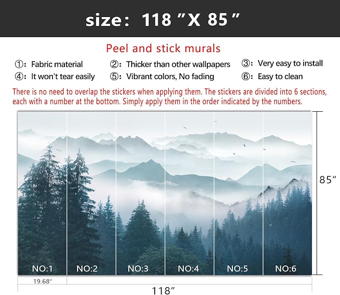 YIHWM-Peel and Stick Foggy Forest Wallpaper Misty Pine Scenery Tree Mural | Tear-resistant,with a substantial feel;the product is unlikely to be damaged when repositioned.Bedroom.M-118"x85"