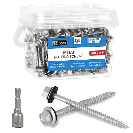 FMhotu Metal Roofing Screws #10×2-1/2Inch, 320-PCS, Hex Head Rustpert Coating Sheet Metal to Wood Siding Screw with EPDM Rubber Washer, Sharp Point, Hex Socket Included