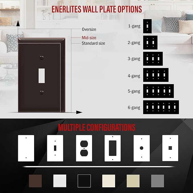 ENERLITES Toggle Light Switch Wall Plate, Gloss Finish, Mid-Size 1-Gang 4.88" x 3.11", Unbreakable Polycarbonate Thermoplastic, UL Listed, 8811M-BR, Brown