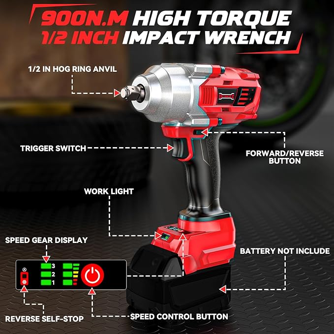 DIYtoolifz Cordless Impact Wrench 1/2 inch Compatible with Milwaukee 18v Battery, 750FT-LBS(1000N.m) Brushless Impact Driver, Electric Impact Gun with LED Work Light, Variable Speeds, 4-Speed Control.