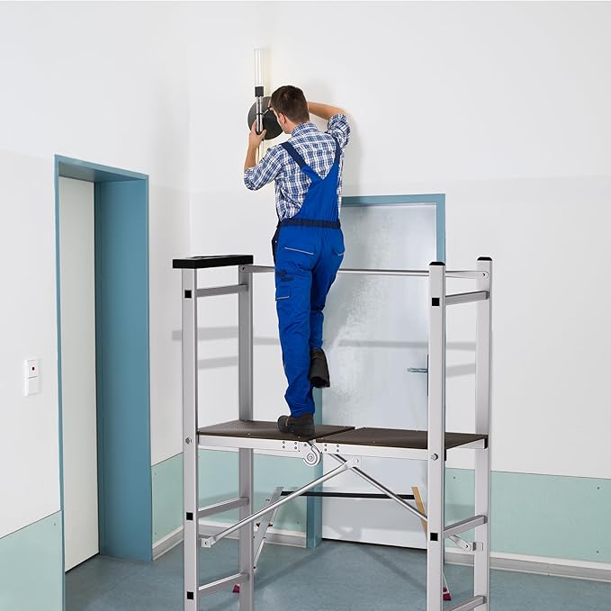 APARECIUM 5' Foldable Aluminum Scaffolding, Portable Scaffolding Ladder, Rolling Scaffolding Work Platform, Scaffold Tower, Ladder Stool Work Bench, Adjustable Work Platform, 330 Lbs Duty Rate
