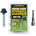 LIONMAX Metal Roofing Screws #14 x 1-1/2 Inch, 300-PCS, Forest/Ivy Green Painted Hex Head Sheet Metal Roof Screws, Rubber Washer, Sharp Point, Metal to Wood Siding Screws, Hex Socket Included