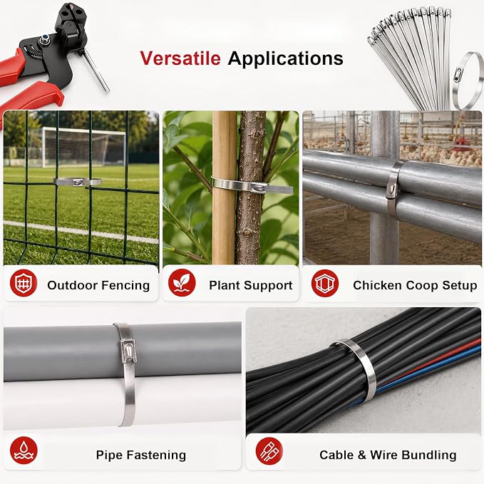 Metal Zip Ties Heavy Duty Outdoor, Metal Zip Tie Tool with 150PCS 11.8 inch | Stainless Steel Zip Ties Gun Kit with Metal Cable Ties for Industrial,Tightening Cutting, Outdoor Fence Automotive Garden
