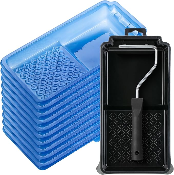 Bates- 4 Inch Paint Tray Set, 12 pcs, Black & Blue, 1x 4 Inch Paint Roller Tray, 10x Disposable Plastic Liners & 1x Roller Frame