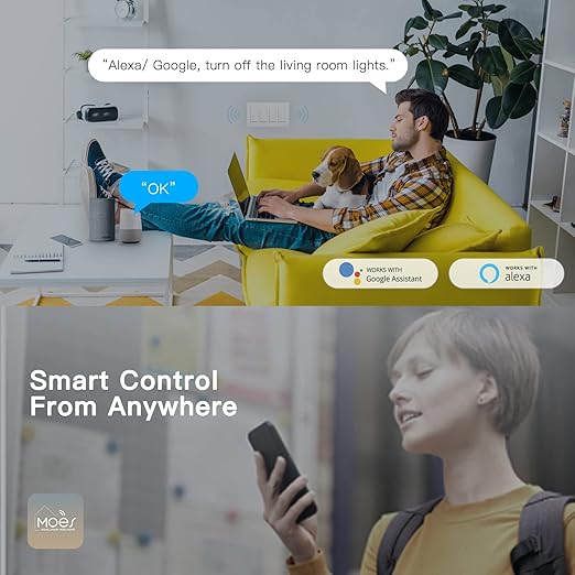 MoesGo 2nd Generation WiFi Smart Light Switch, Smart Wall Switch 2.4GHz WiFi, Neutral Wire Required, Smart Life APP Remote Control, Compatible with Alexa/Google Home, No hub Required White 4 Gang