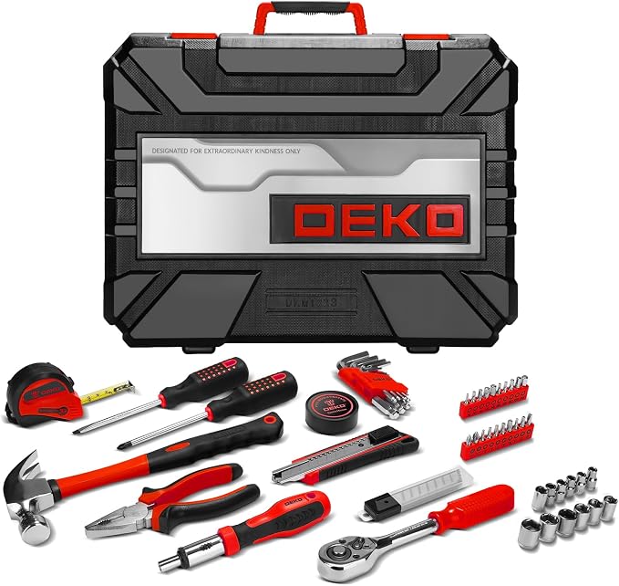 DEKOPRO Tool Set:228 Piece Home Tool Kit, Household Basic Repair Tool Set Comes with Plastic Storage Case, Socket Wrench Set for Car-Red