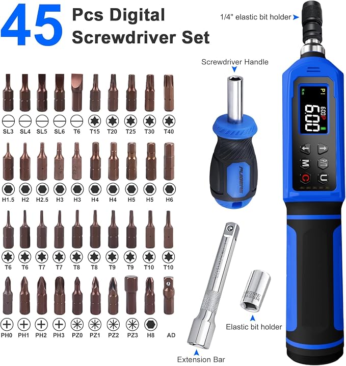 46 Pcs Digital Torque Screwdriver Set 1/4",0.8-53.2 LB.IN Adjustable Inch Pound Torque Screwdriver, Torque Wrench Screwdriver ±1% Accuracy, LCD with Buzzer & LED Alerts