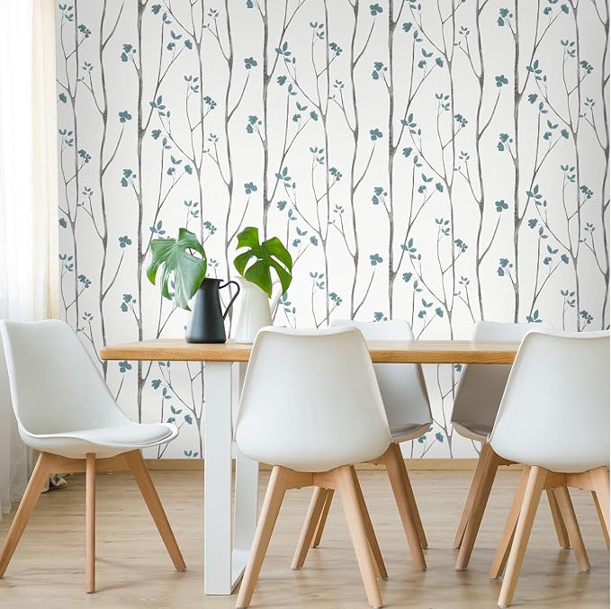 Timeet Blue White Floral Leaf Boho Wallpaper 16.14"x118.11" Self-Adhesive Removable for Bathroom, Kitchen, Bedroom