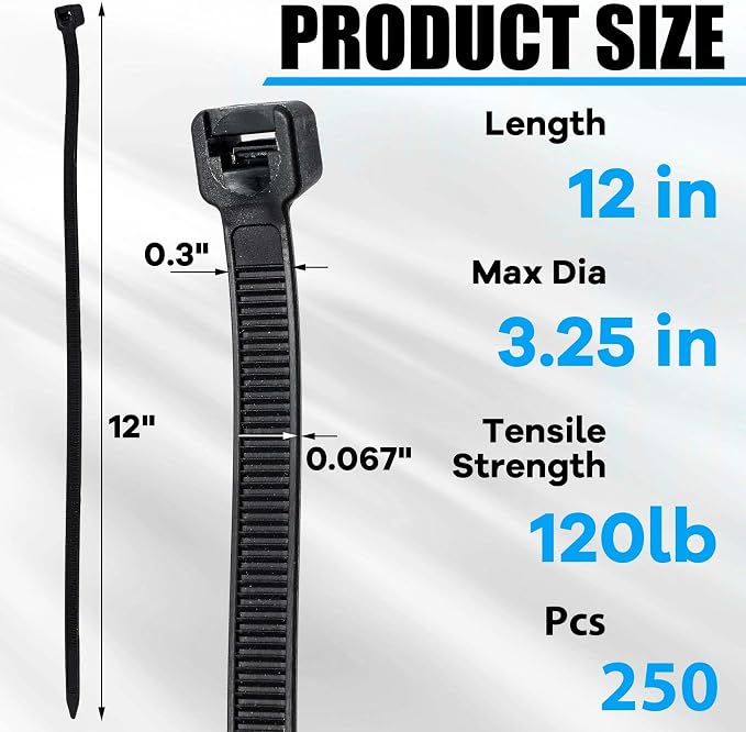 Reallnaive 250 Pcs 12 Inch Zip Ties Heavy Duty 120 Lbs Tensile Strength Black Nylon Wire Cable Ties Bulk for Indoor Outdoor