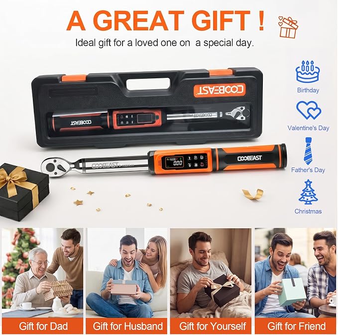 coobeast 3/8 Drive Digital Torque Wrench(1.5-99.5 Ft-lbs./2-135Nm) | Preset Value Torque Wrench with ±2% accuracy, Buzzer and LED Flash Five Units of Measure for Motorcycle, Auto Repair