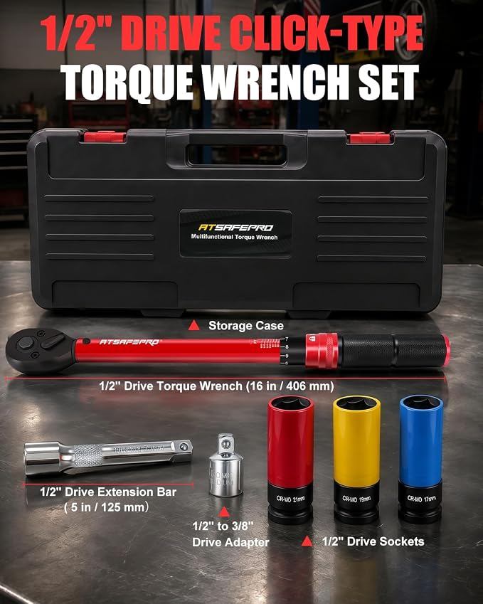 1/2" Drive Click Torque Wrench Set 10-170 Ft-lb, +/-3% Accuracy | ISO 6789 Certified Lug Nut Torque Wrench with 17/19/21mm Impact Sockets, Extension Bar & Adapter for Car SUV Truck Wheels
