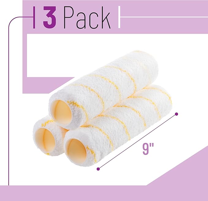 Bates- Paint Roller Covers, 9" x 3/8", 3 Pack, Yellow Stripes, Covers for Paint Rollers 9 Inch, 9 Inch Paint Roller Covers, Paint Roller Cover, Paint Roller Covers 9 Inch, Large Paint Roller Covers