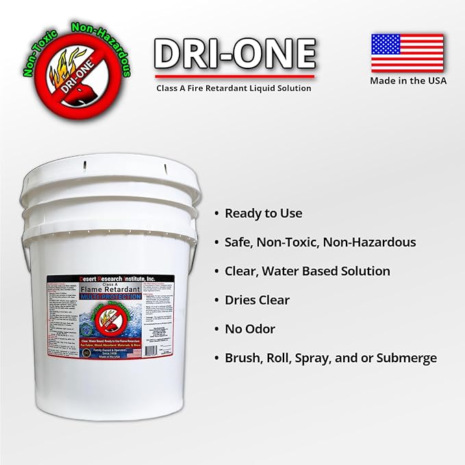 Fire Retardant Spray Liquid Solution for Natural Textiles, Raw Wood, Absorbent Materials & More - Class A Flame Retardant -Eco Safe - NFPA 701- ASTM E84-5 Gallon pail of DRI-ONE®